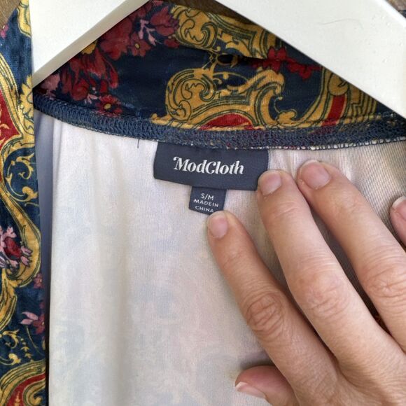Modcloth Blue Yellow Pink Floral Print Velvet Open Kimono Cardigan Small Med - Picture 3 of 4